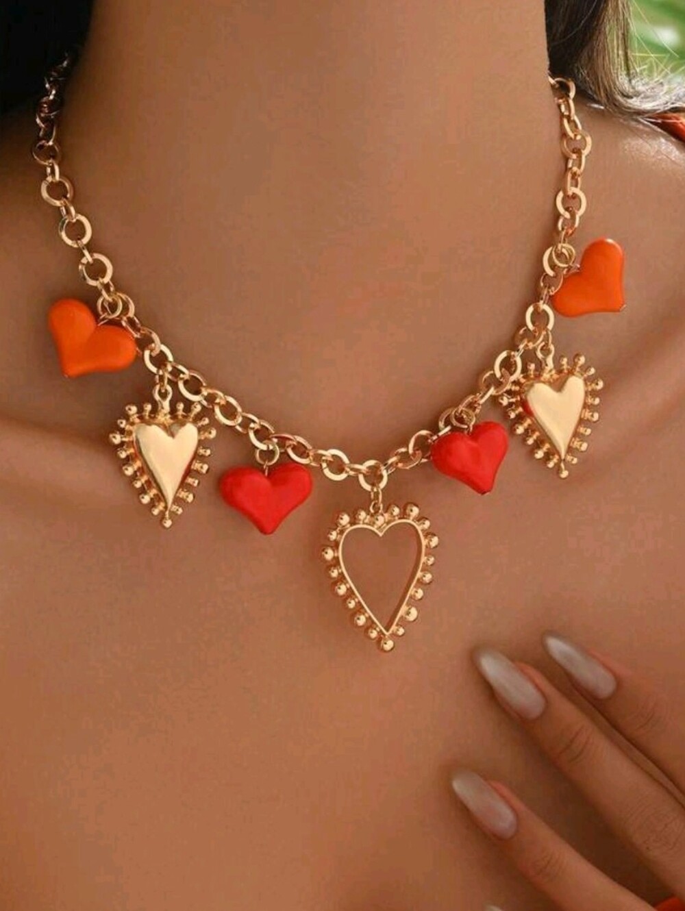 Gold Heart Charm Necklace with Red & Orange Accents